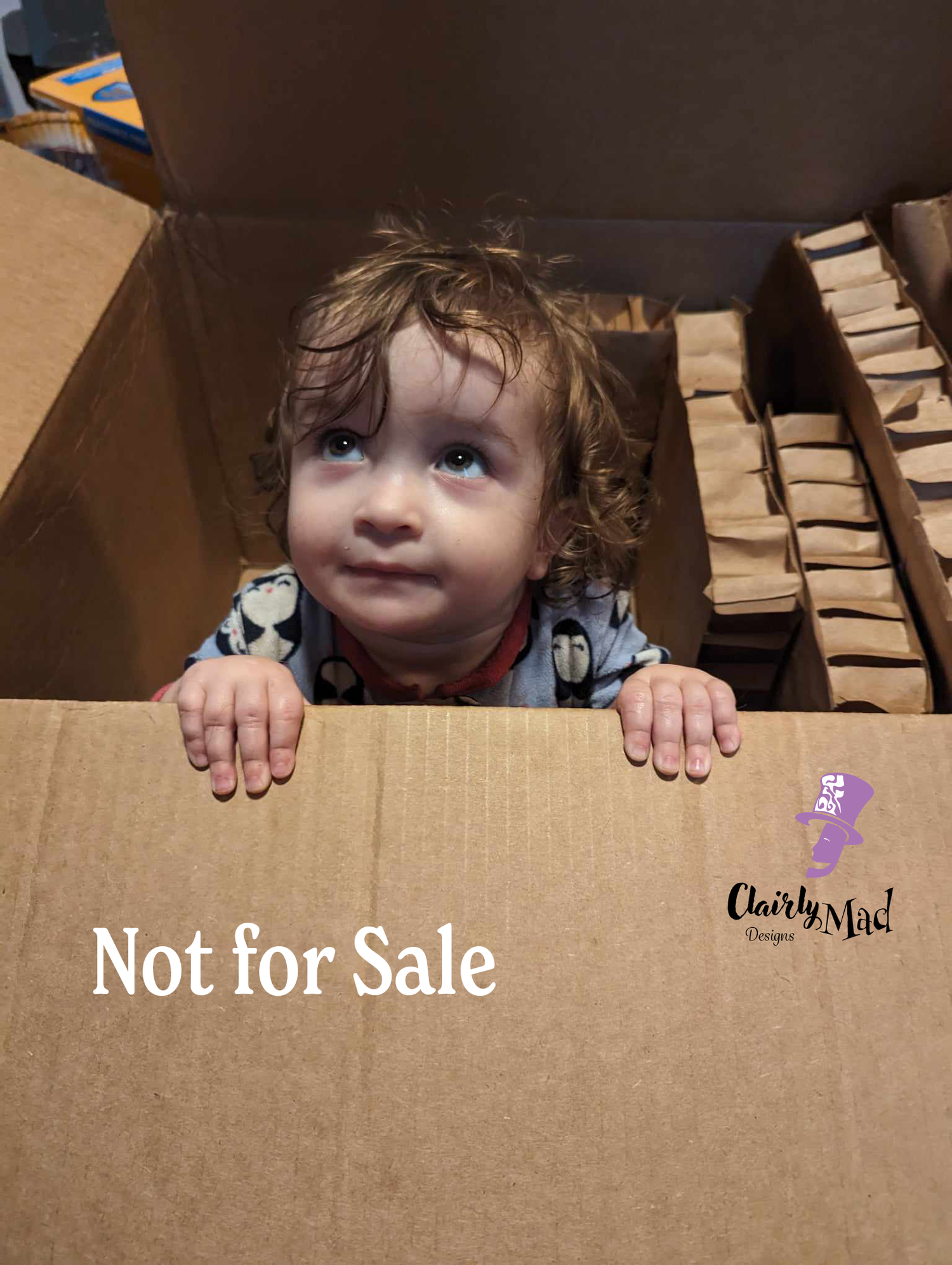 Cute baby in a box - box is labled not for sale